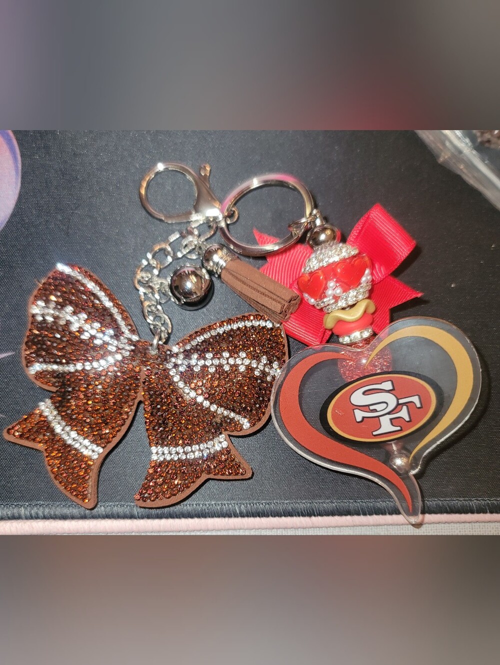 Custom made brown rhinestone football Keychain Charm - Other teams available.
